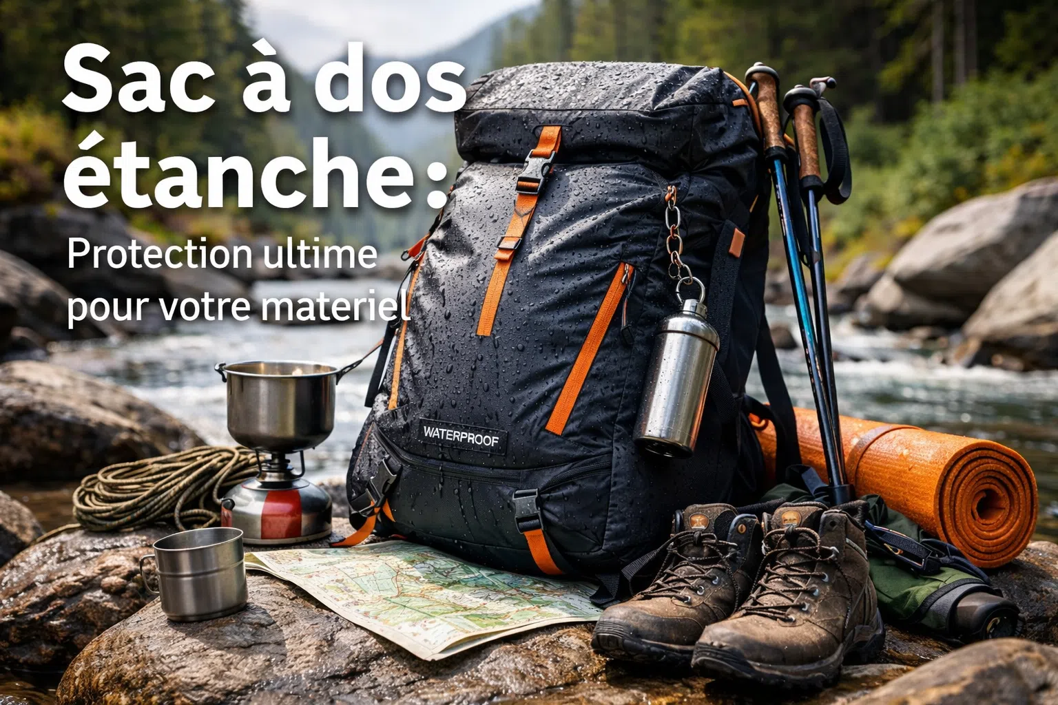 Sac à dos étanche sur rochers près d'une rivière, avec bâtons de marche, carte, corde, chaussures et matériel de camping.