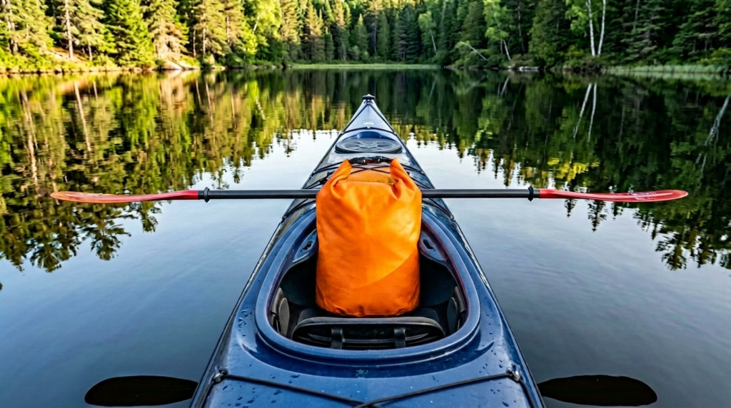 Sac étanche roll-top orange dans la trappe d'un kayak de mer