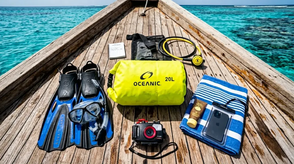 Matériel de plongée organisé autour d'un sac étanche sur un bateau