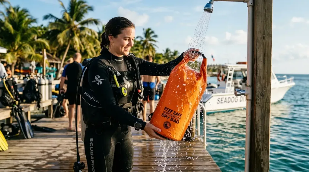 Plongeur rinçant un sac étanche roll-top à l'eau douce après une plongée