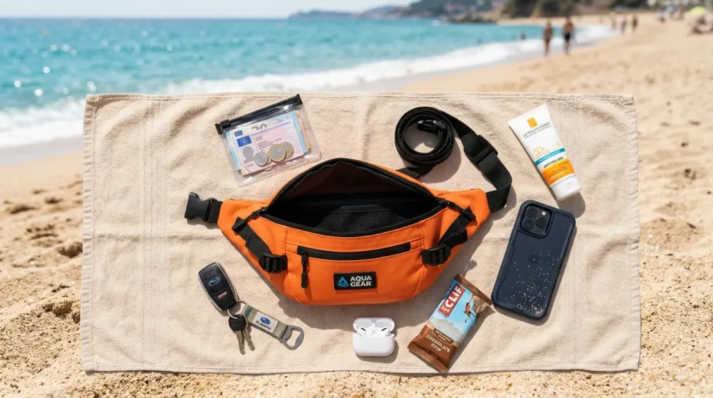 Contenu d'un sac banane étanche posé sur une serviette de plage