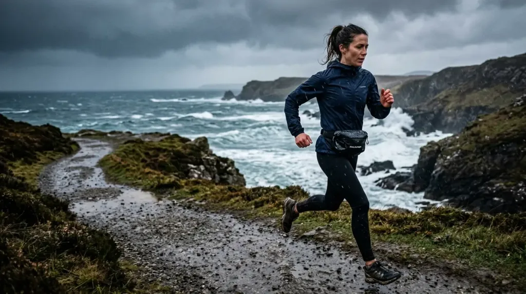 Coureur avec sac banane étanche sous la pluie en bord de mer
