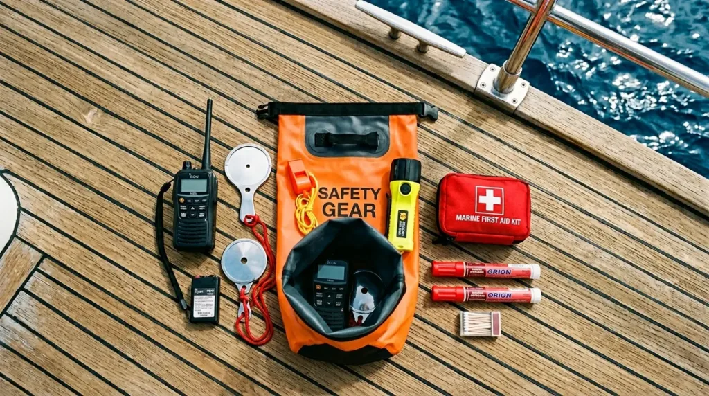 Équipement de sécurité nautique sur un pont, comprenant radio, trousse de premiers soins, lampe, fusées éclairantes et sac. étanche voile