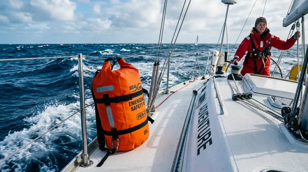 Marin en veste rouge sur un voilier en mer, sac étanche de sécurité orange sur le pont, ciel partiellement nuageux.