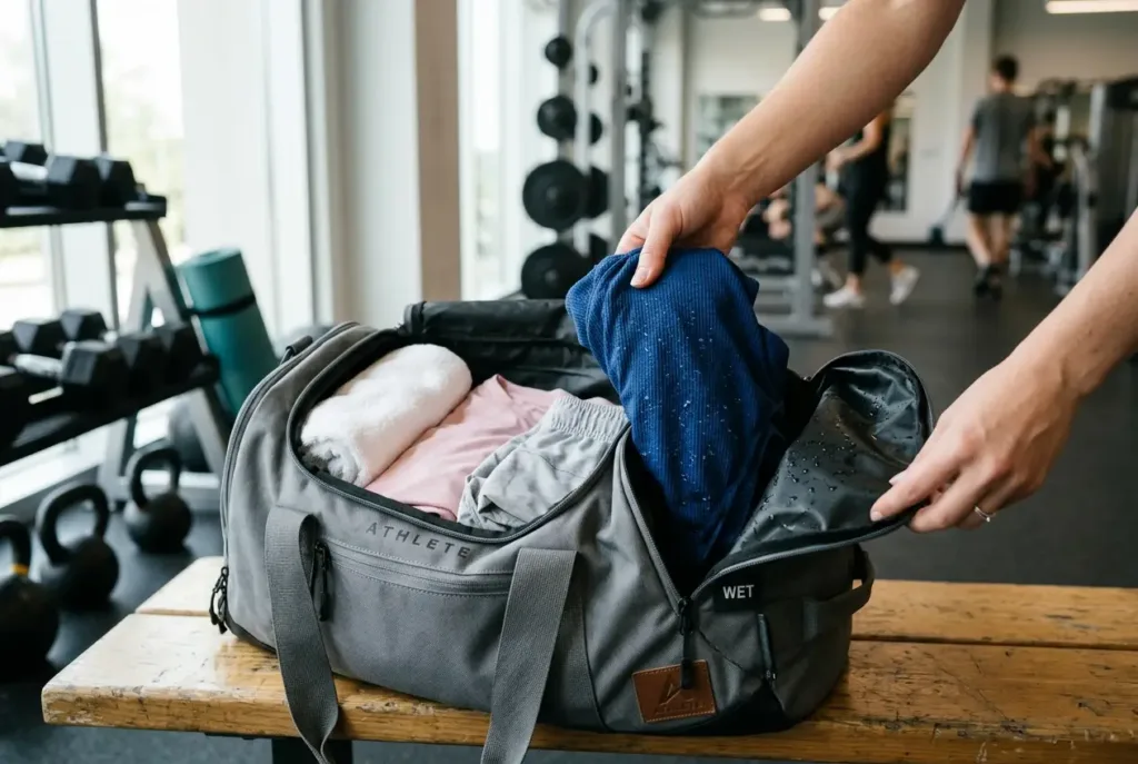Maillot de bain mouillé rangé dans le compartiment étanche séparé d'un sac de sport