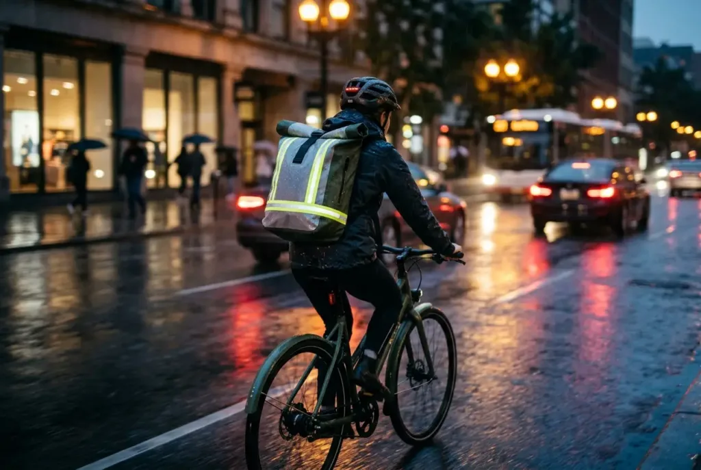 Cycliste urbaine sous la pluie avec Sac de sport étanche réfléchissant