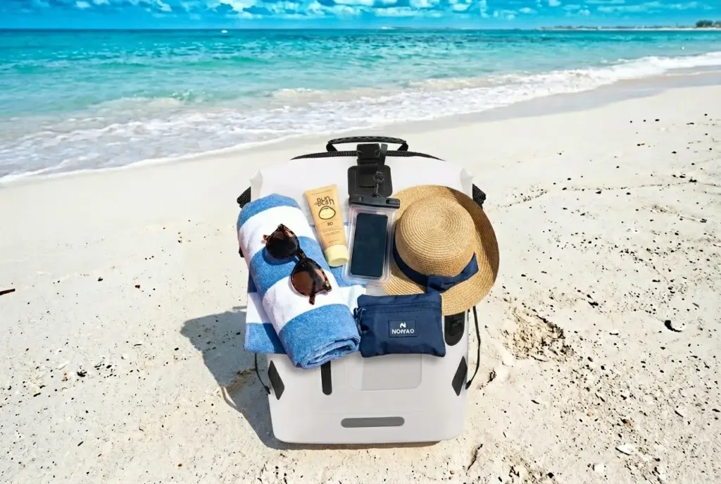 Serviette, lunettes de soleil, crème solaire, téléphone, chapeau et Sac étanche femme sur une plage ensoleillée.