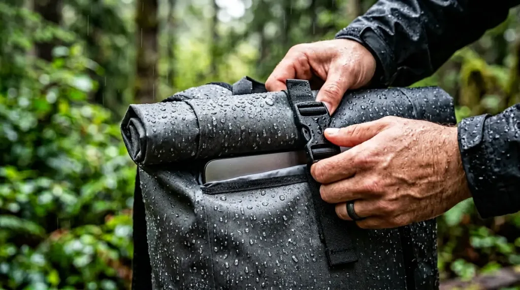 Mains attachant une boucle de sac imperméable noir sous la pluie, avec un sac étanche ordinateur portable visible dans une poche.