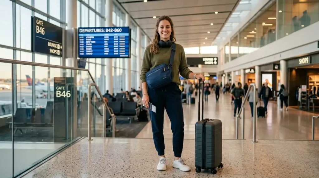 Sac bandoulière étanche porté en cross-body dans un aéroport pour voyager en sécurité