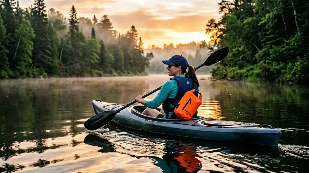 Sac bandoulière étanche orange porté en kayak sur rivière au lever du soleil
