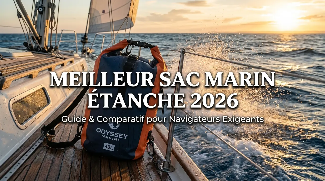 Sac marin étanche sur un bateau à voile au coucher du soleil, accompagné du texte "Meilleur sac marin étanche 2026".