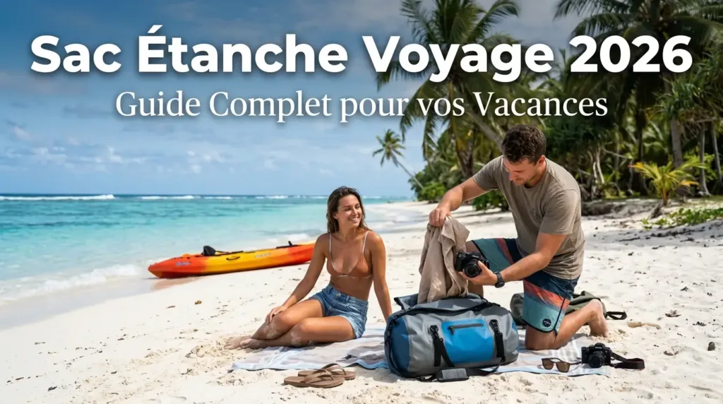 Sac étanche voyage sur plage tropicale avec kayak