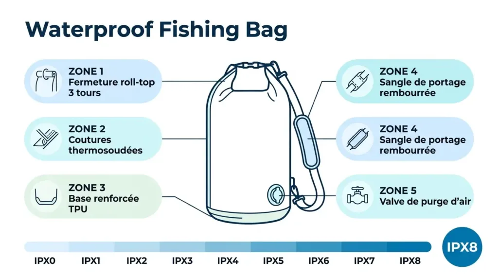 Schéma technique sac étanche pêche : zones critiques, matériaux et normes IPX expliquées