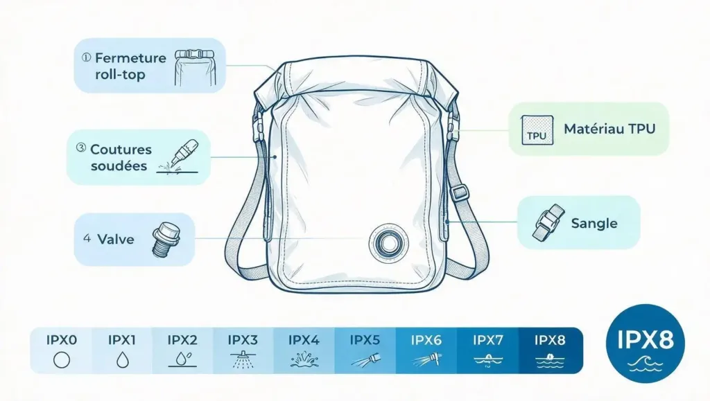 Schéma technique indice IPX sac étanche : zones étanches et échelle de protection
